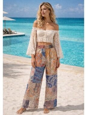 😮ZIMMERMANN Flowy 100% Silk “Devi” Pants - Patchwork Print - Size 1